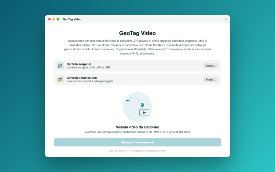 GeoTag Video on macOS: source and destination folder selection