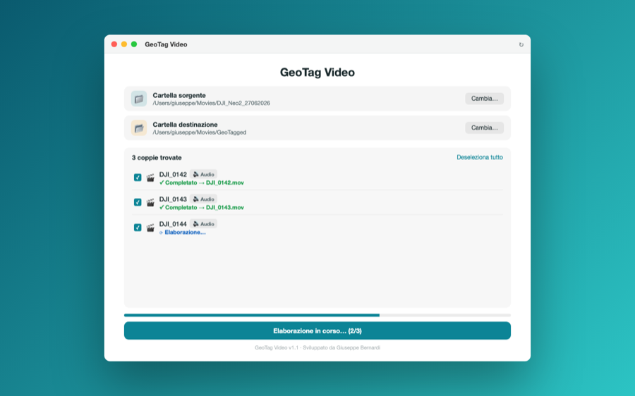 GeoTag Video on macOS processing a batch of videos with audio